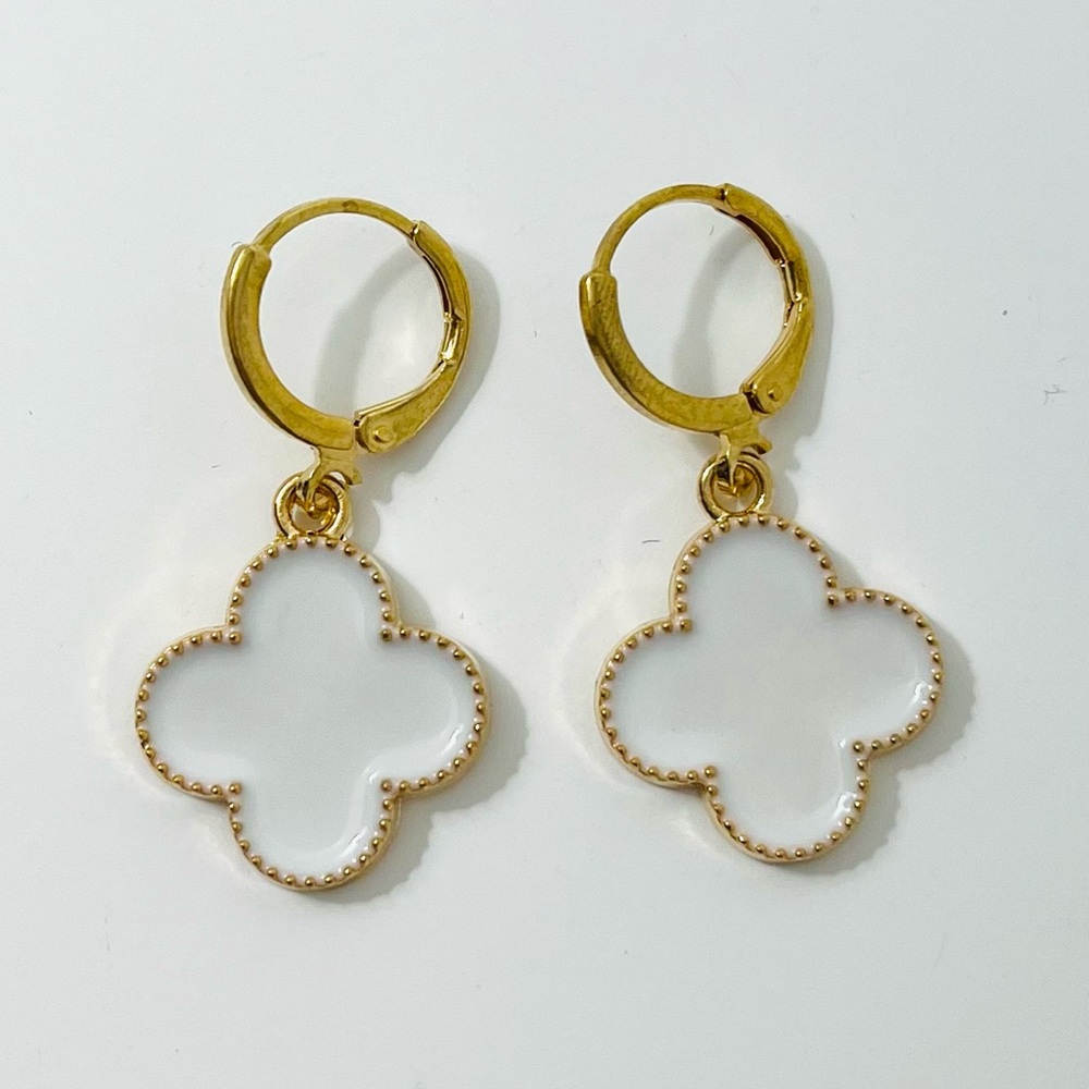 Gold Clover Drop Earrings White Enamel Dangle Hoop Lucky Floral Statement Jewelr